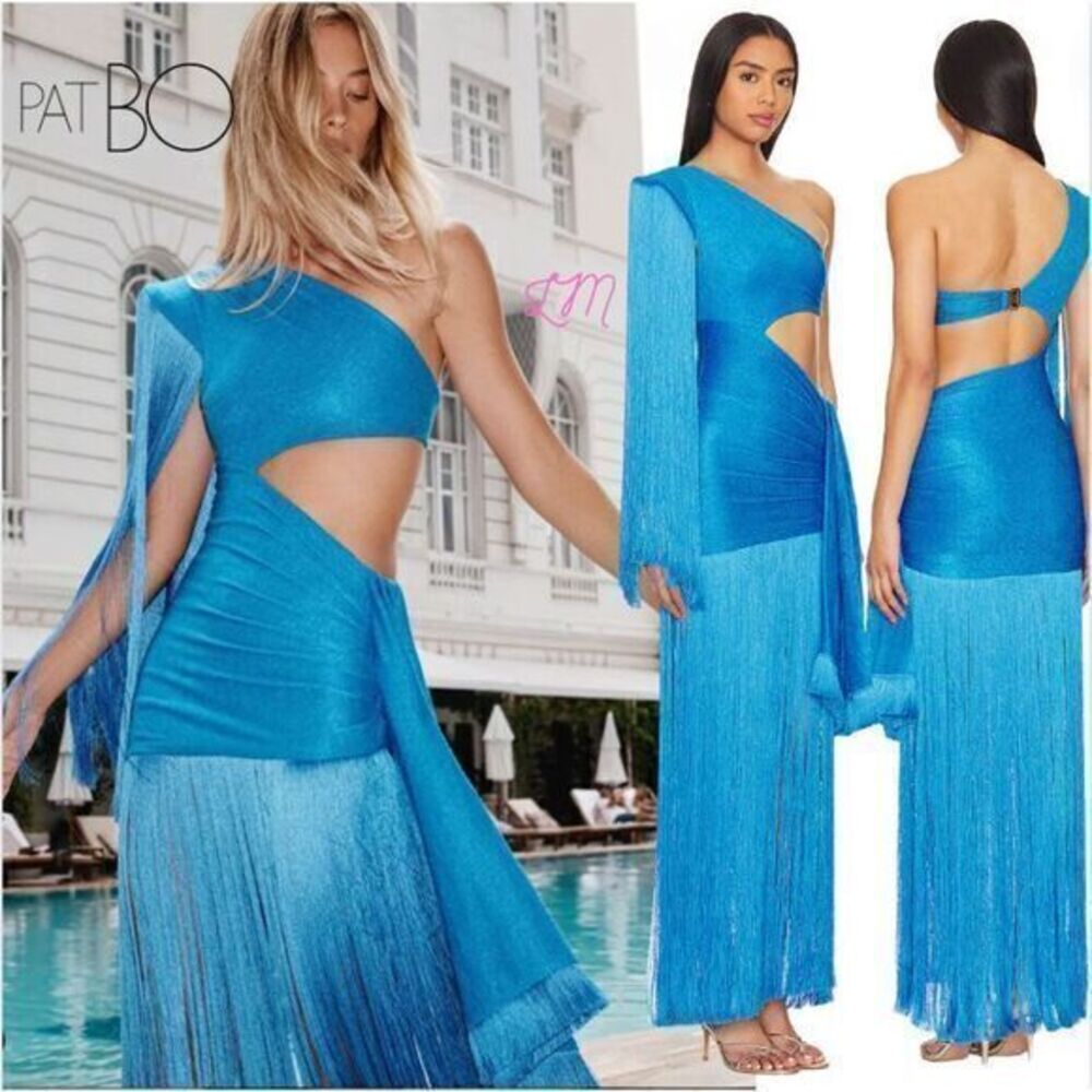 PatBO Revolve Collections One Shoulder Maxi‎ Fringe Dress Cobalt Blue SIze 6